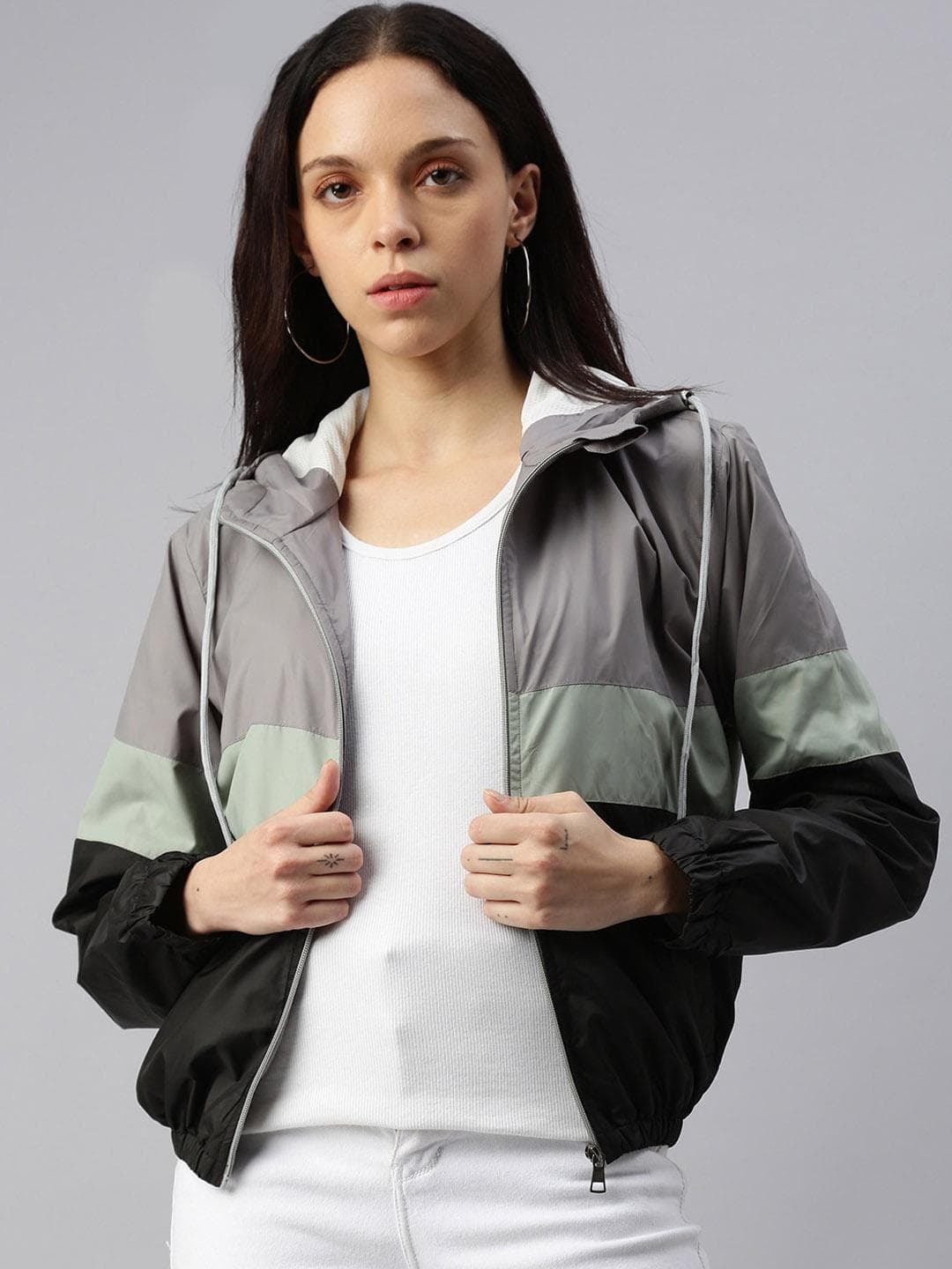 VOXATI Colourblocked Hooded Crop Bomber Jacket