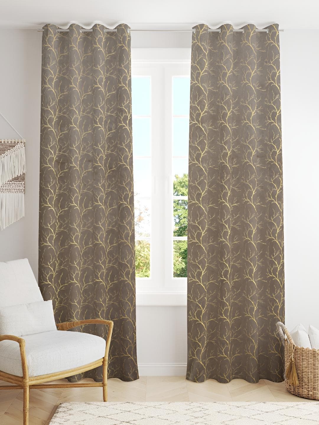 Aura Grey Melange & Beige 2 Pcs Velvet Abstract Room Darkening Door Curtains