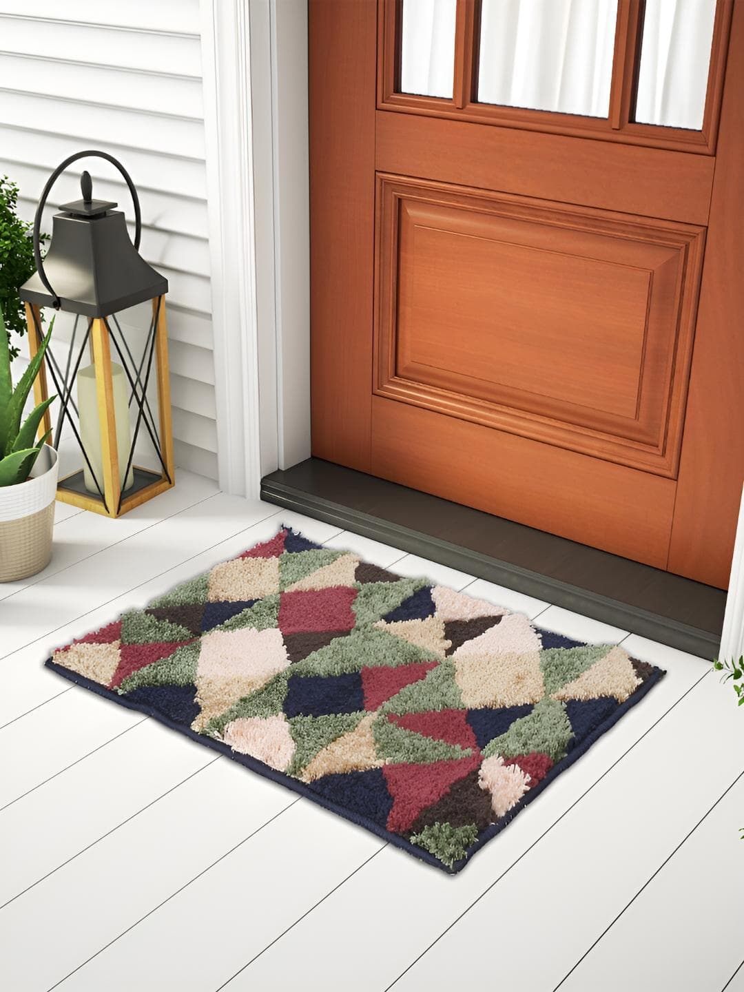 FABINALIV Green & Red Geometric Printed Anti-Skid Doormat