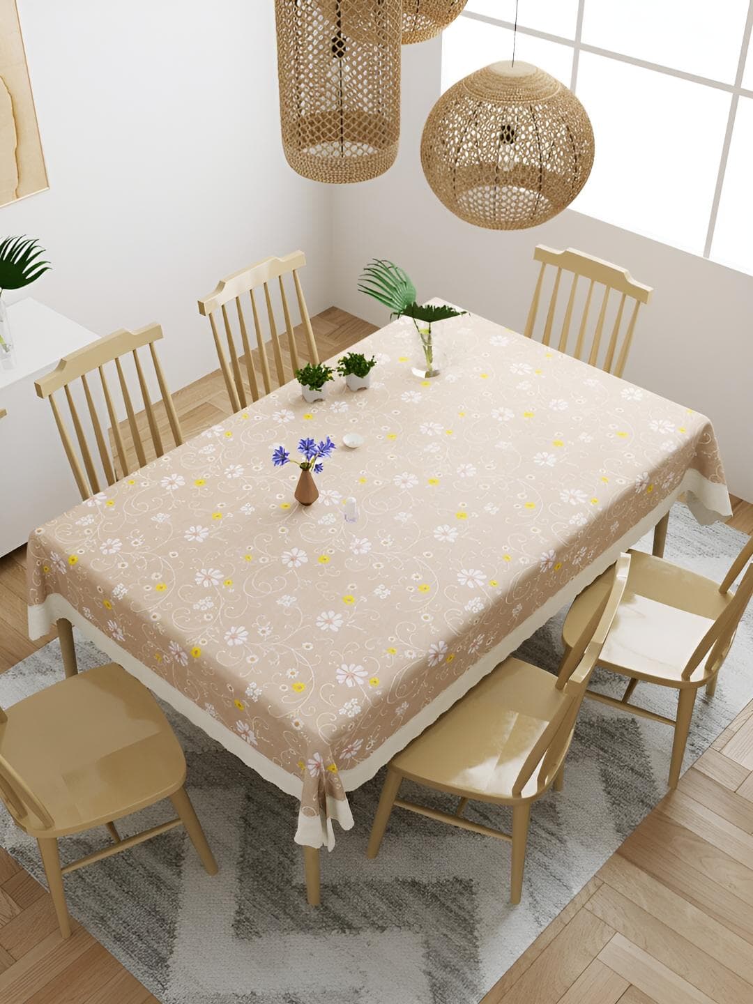 Aura Brown & White Floral Waterproof 6 Seater Table Cover With Textured details