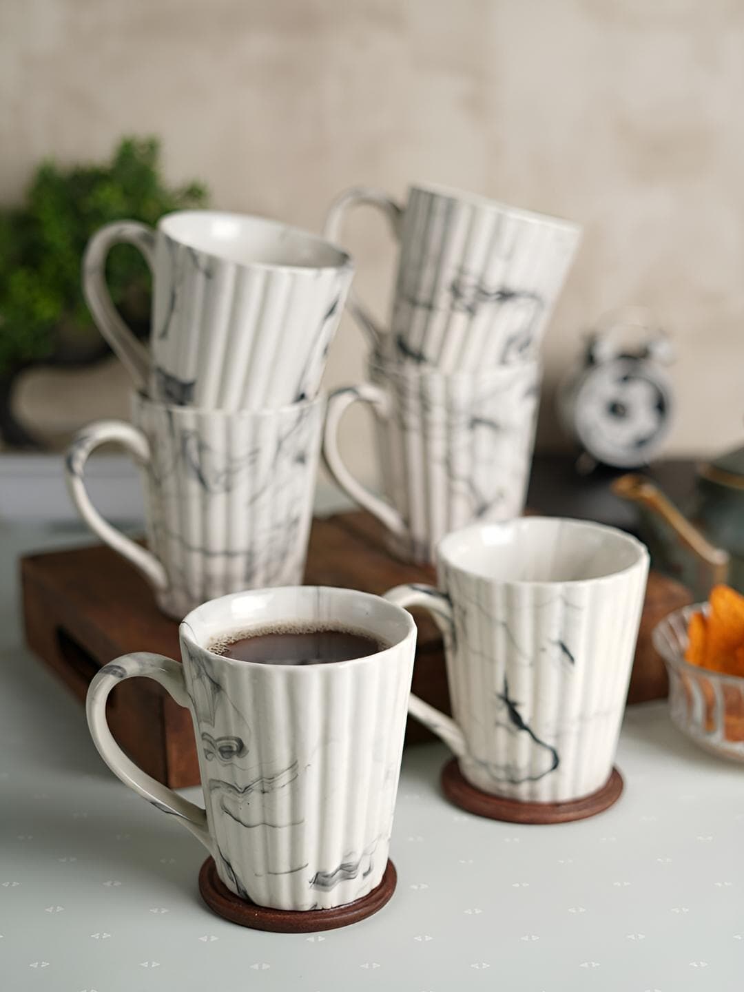 CDI White Striped Ceramic Microwave Safe 6 Piece Mugs-350ml