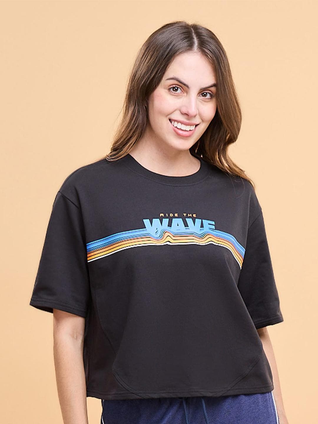 Enamor Typographic Printed Drop-Shoulder Sleeves Cotton Boxy Crop T-Shirts