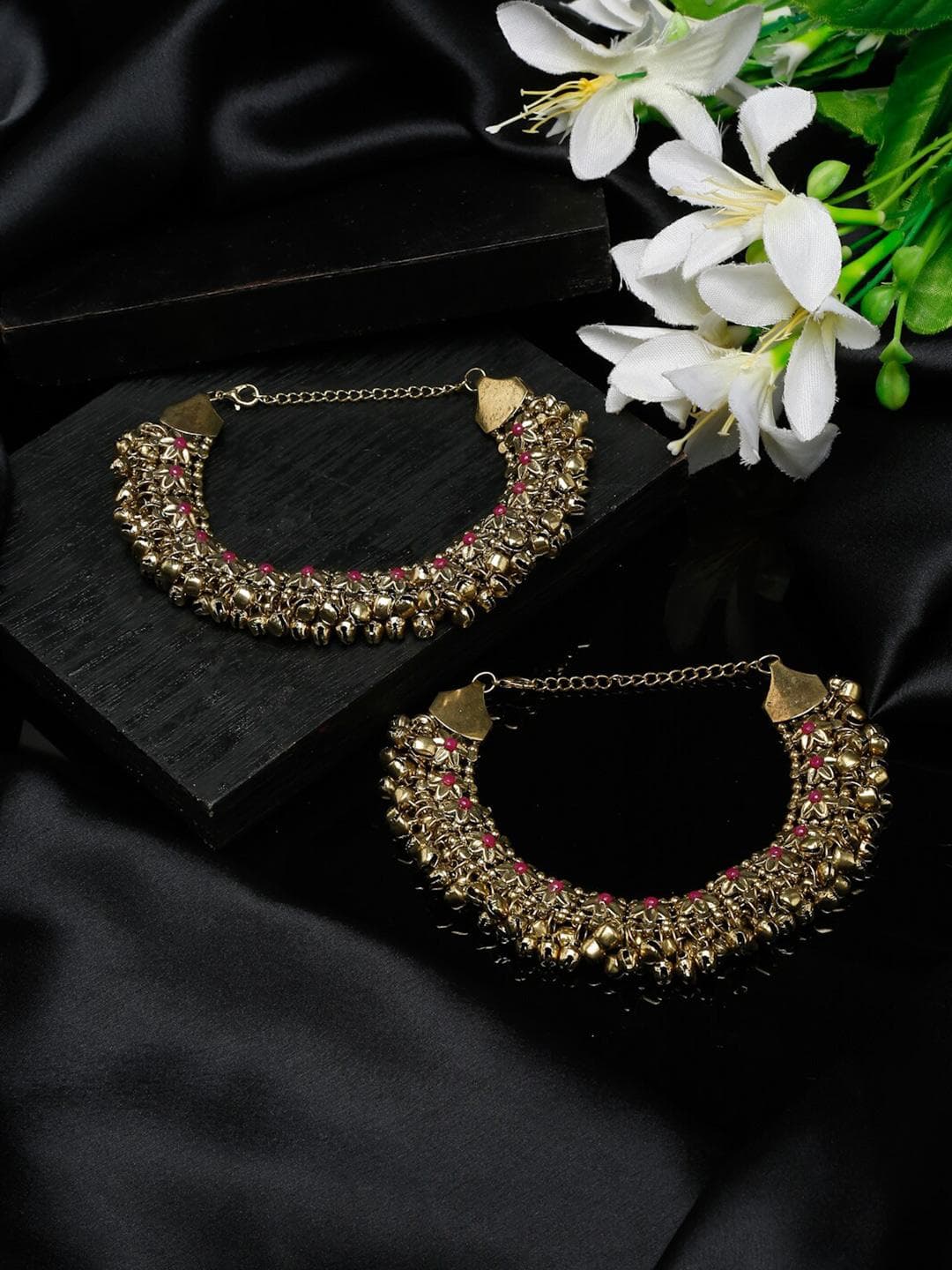 Buy Sangria Set Of 2 German Silver Gold Plated Oxidised Tribal Anklets - - Accessories for Women