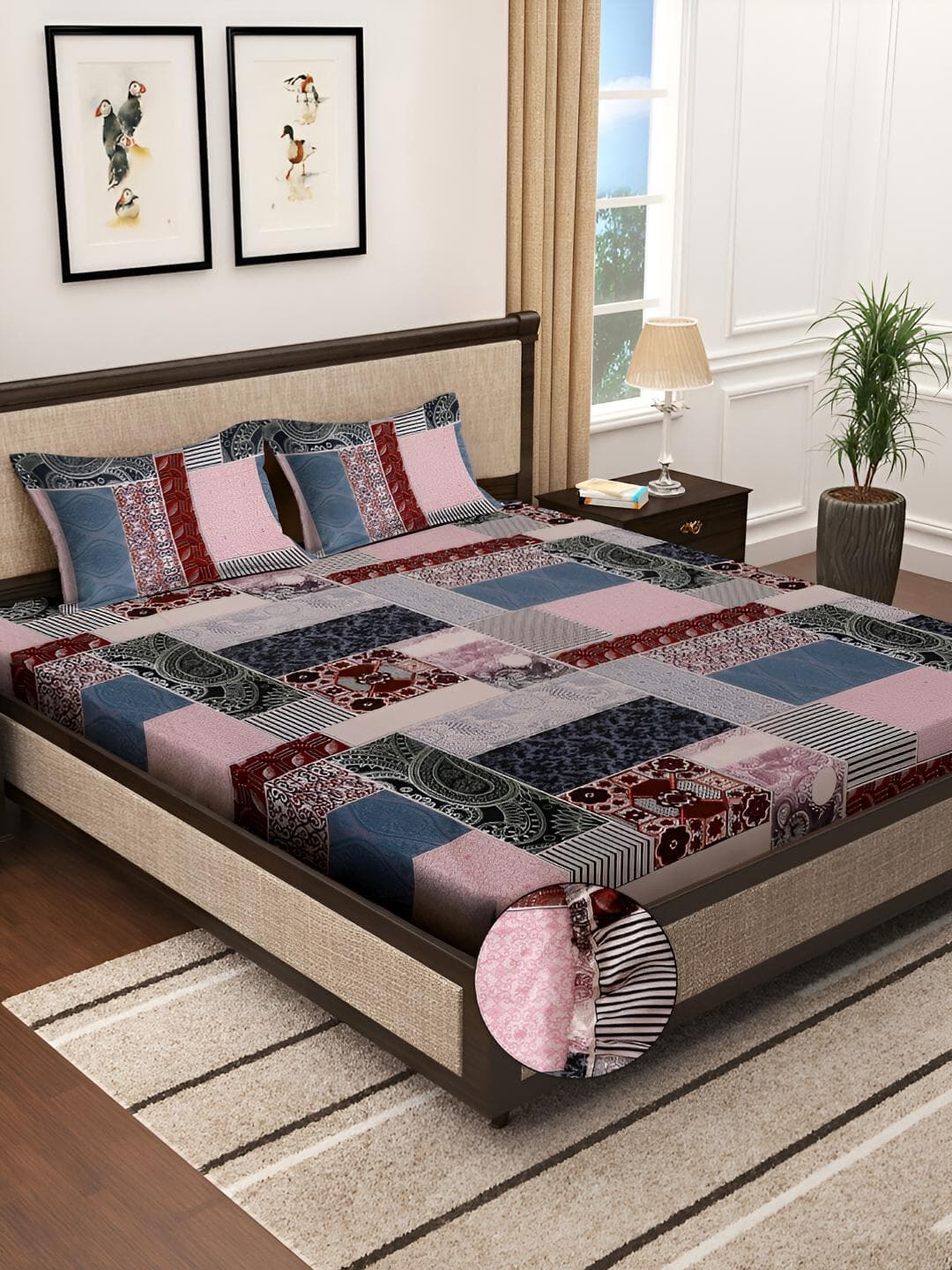 Buy KLOTTHE Blue Ethnic Motifs Cotton 300 TC Fitted King Fine Bedsheet With 2 Pillow Covers 98 X 89 Inches - - Home for Unisex