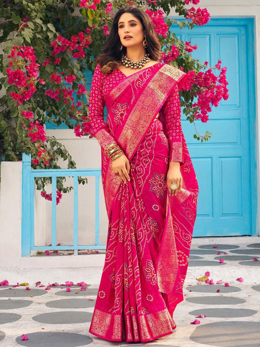 Mitera Bandhani Printed Zari Sungudi Saree