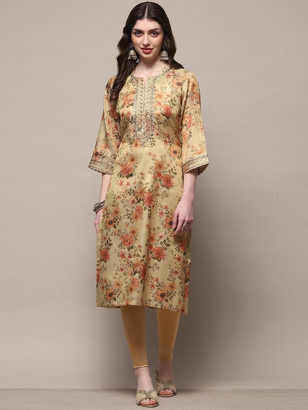 Biba Women Floral Printed Keyhole Neck Sequinned Kurta