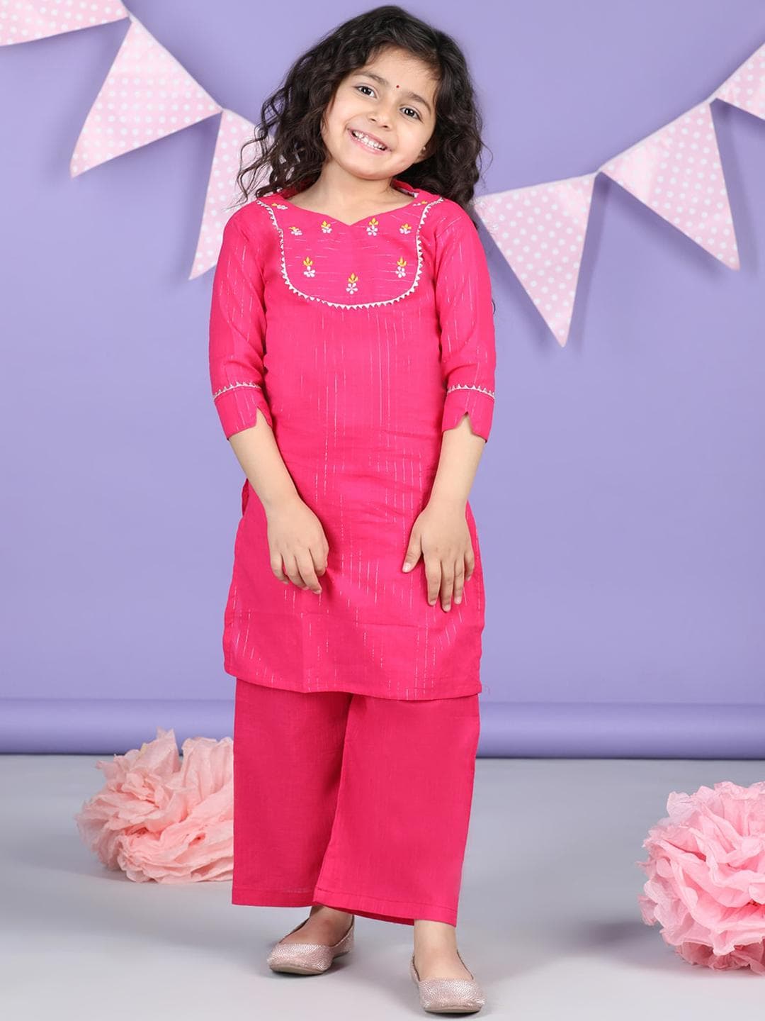 Sangria Girls Floral Embroidered Pure Cotton Straight Kurta With Palazzos