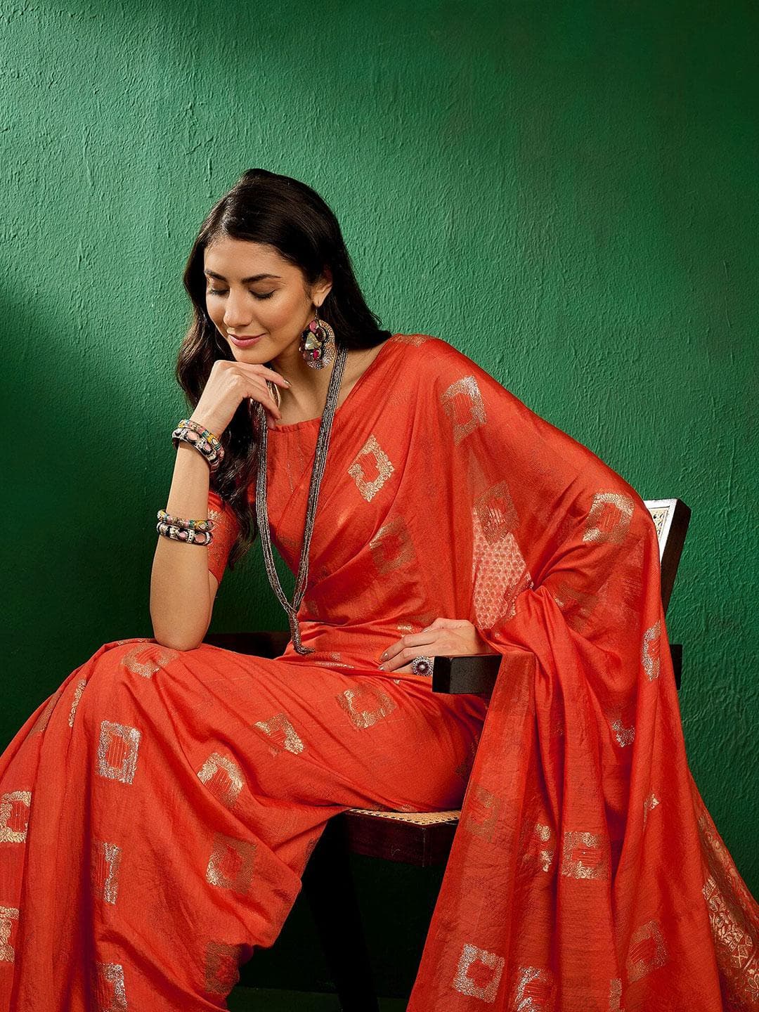 Sangria Orange-Coloured Geometric Woven Designed Zari Sarees