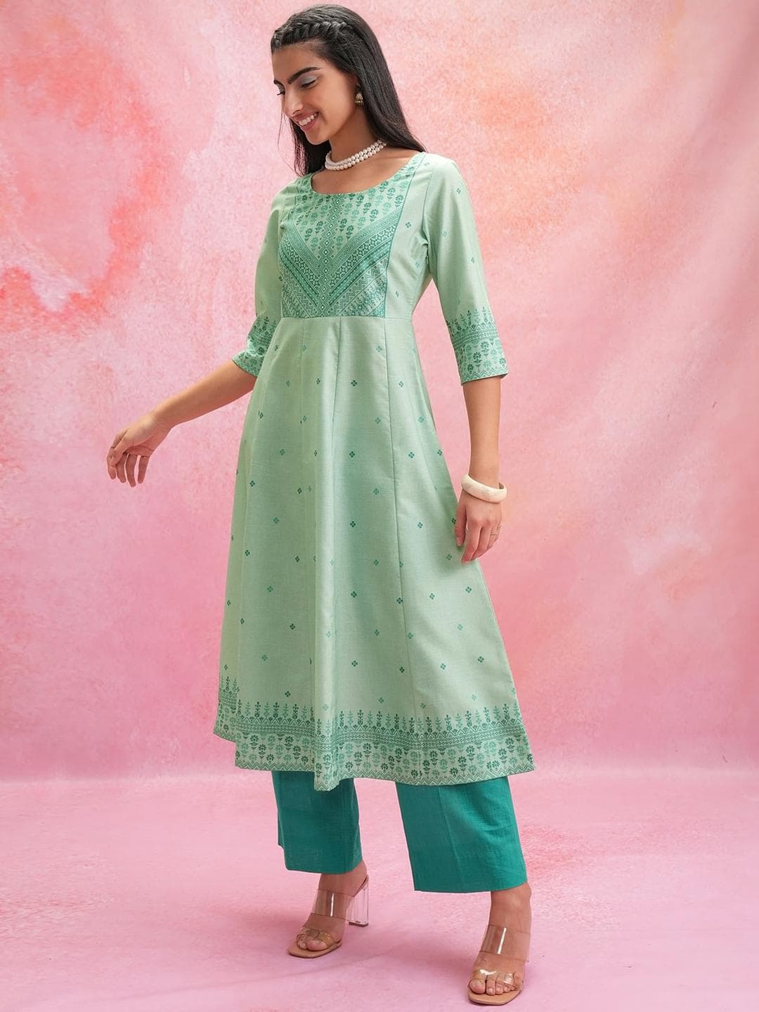Vishudh Green Geometric Printed Anarkali Kurta