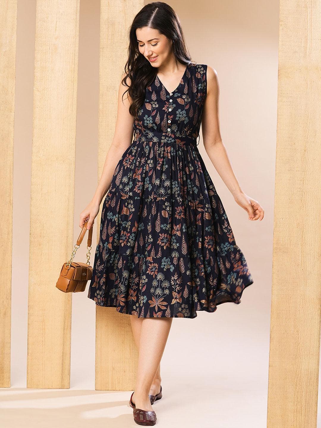 Buy Globus Printed Blue Floral V Neck Waist Tie Up Belted Tiered Fit & Flare Fusion Midi Dress - - Apparel for Women