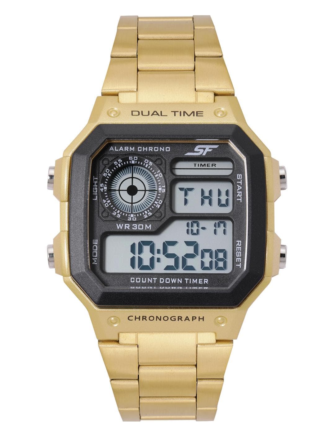 Sf Hexa Metal Digital With Golden Strap Unisex Watch - Nt77134pm03w