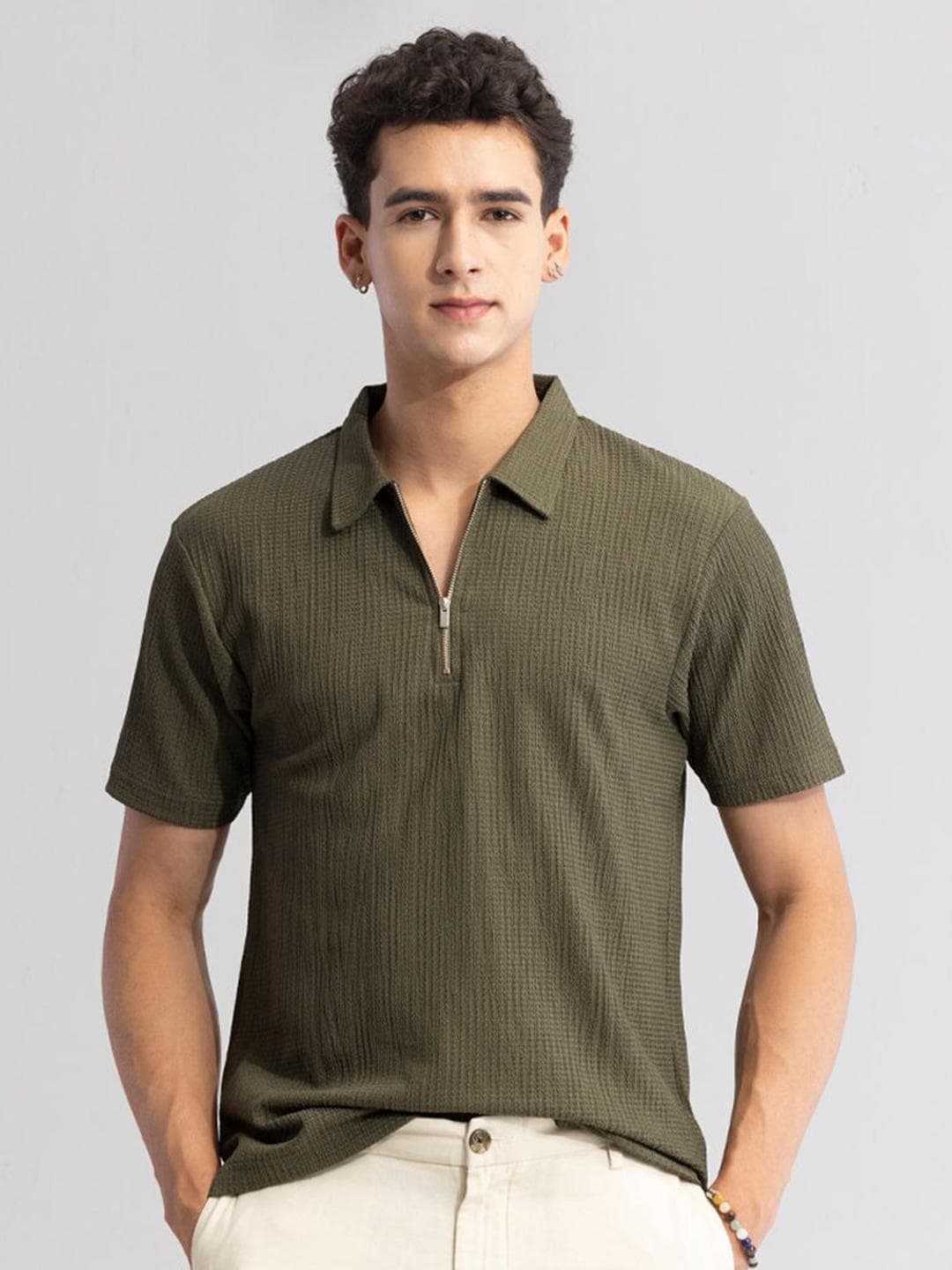 Snitch Olive Self Design Polo Collar Casual T-shirt