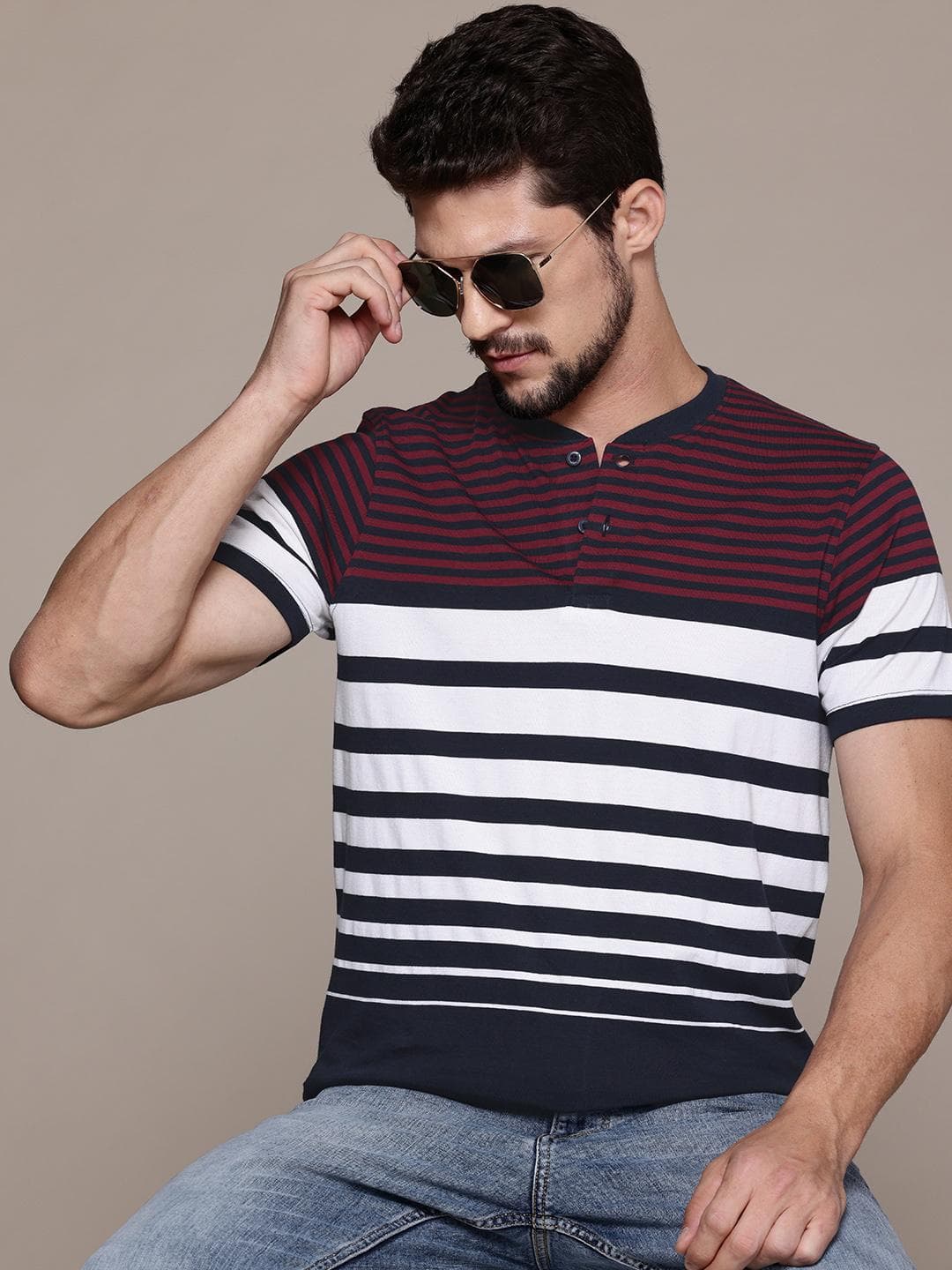 The Roadster Life Co. Striped Henley Neck T-shirt