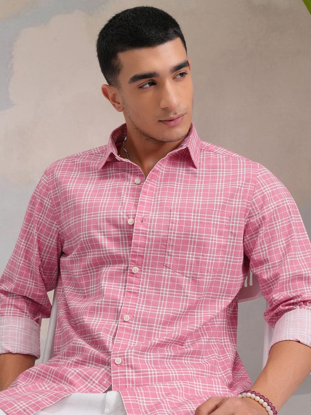 HIGHLANDER Classic Pink Slim Fit Tartan Checked Spread Collar Cotton Casual Shirt