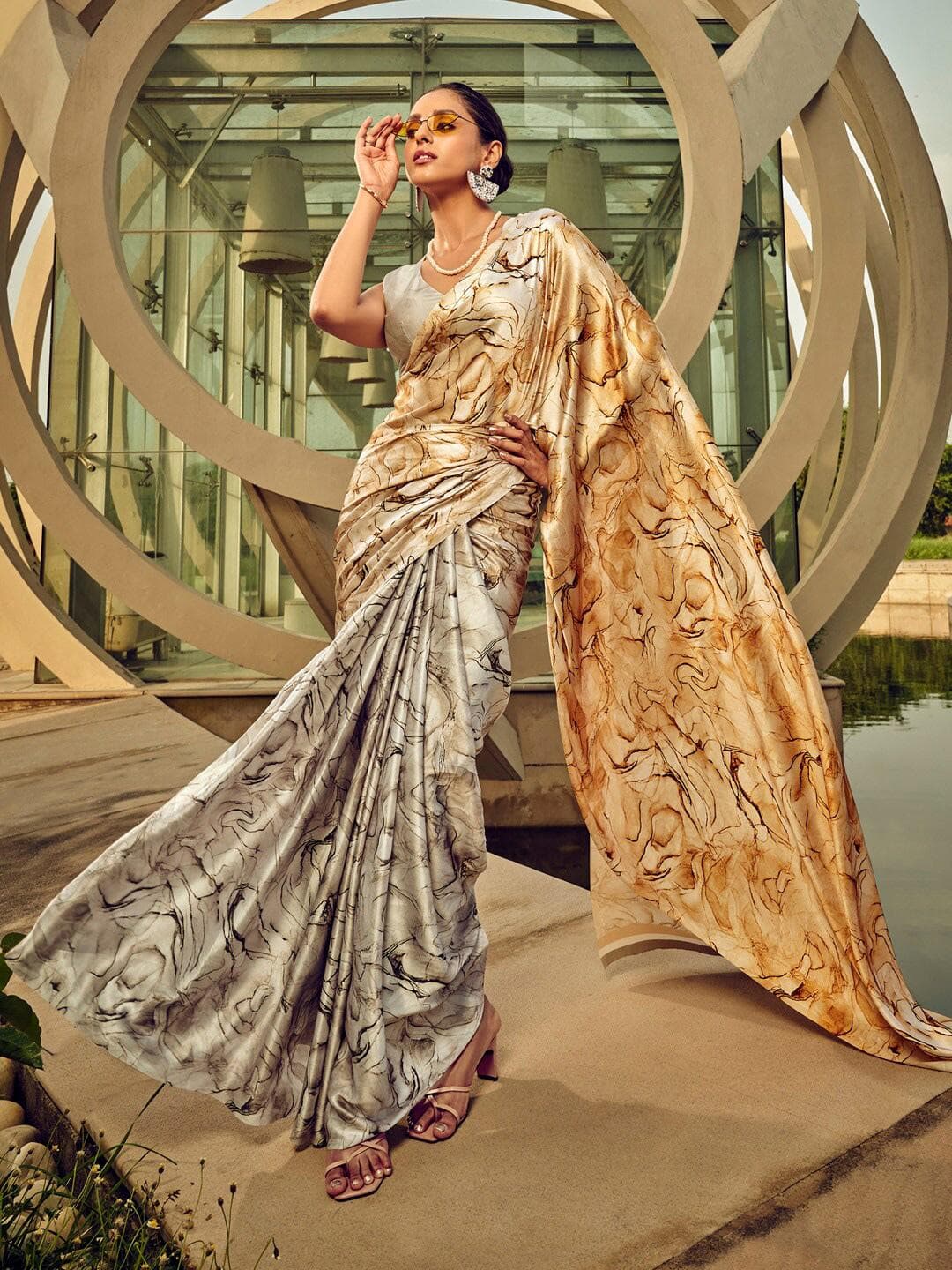 Mitera Geometric Printed Satin Saree