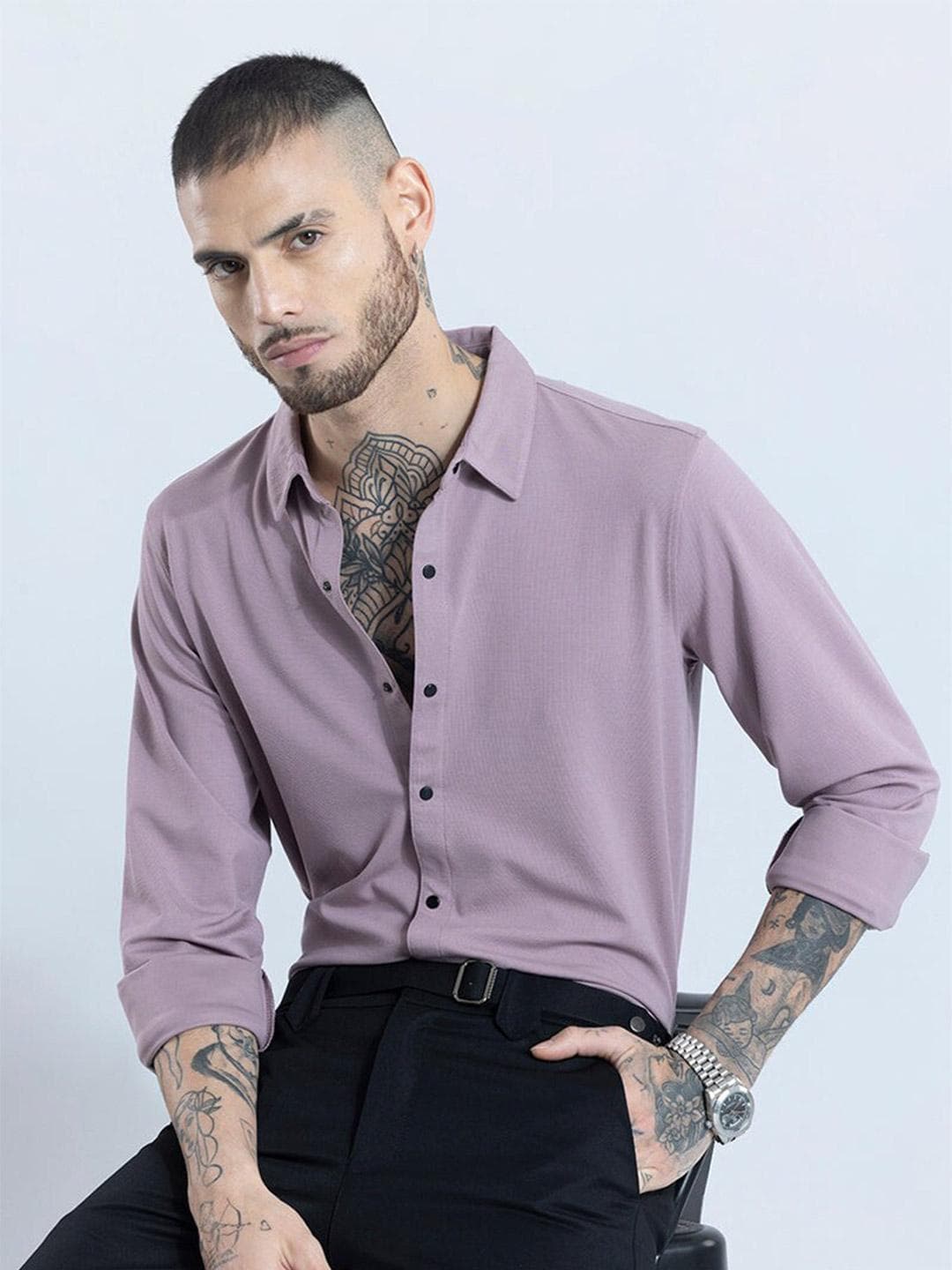 Snitch Purple Self Design Spread Collar Classic Slim Fit Casual Shirt