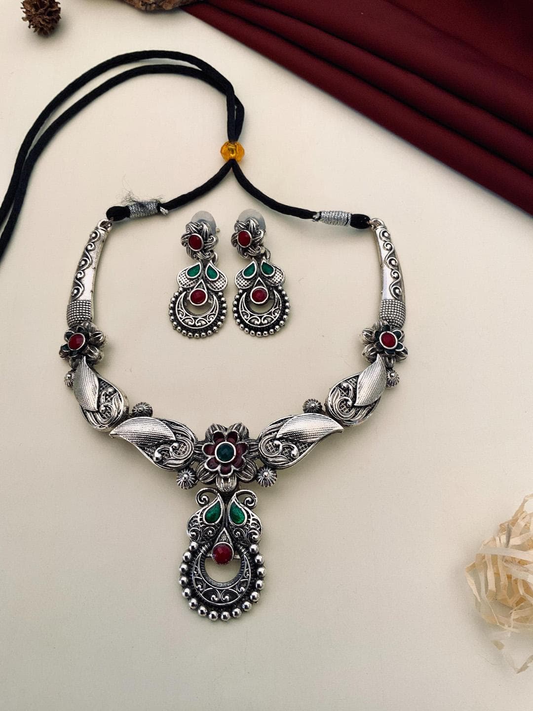 Sangria Silver-Plated Stone Studded Jewellery Set