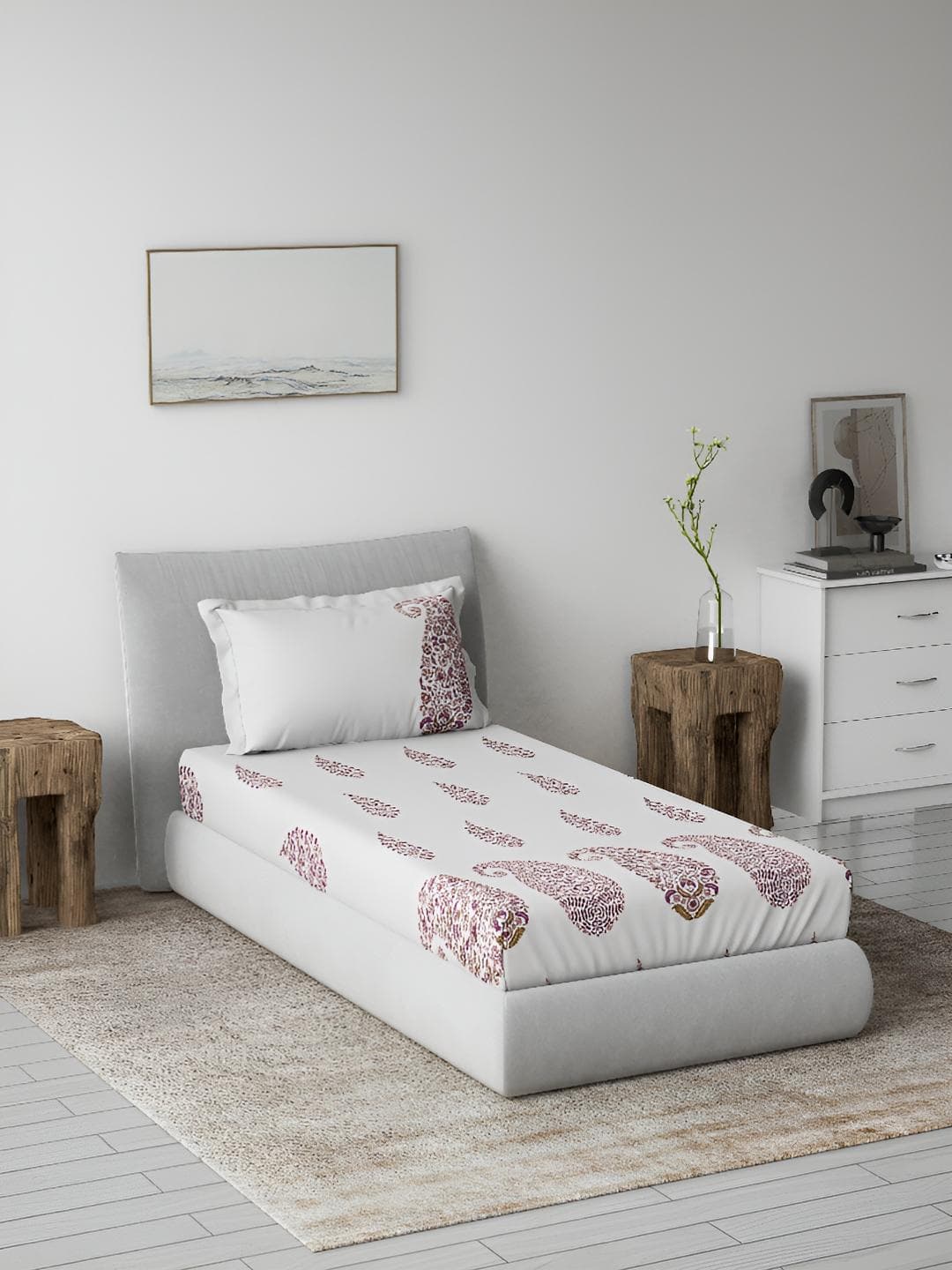 DDecor Burgundy Paisley Cotton 144 TC Single Bedsheet with a Pillow Cover-190 x 122 cm