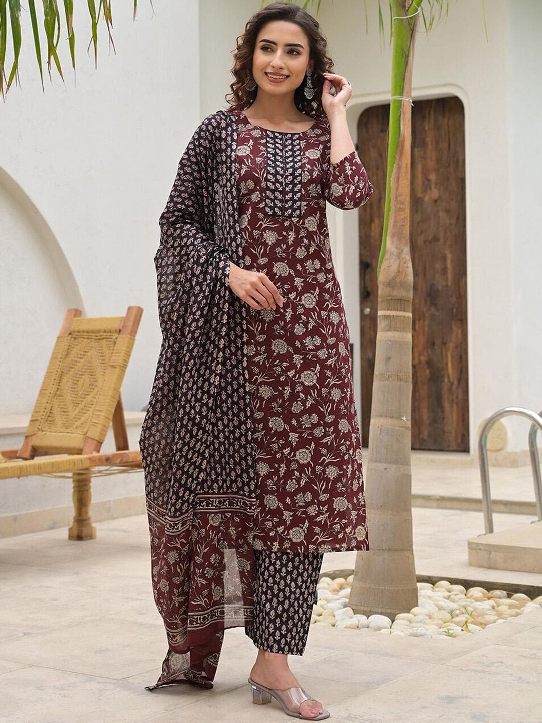 Yufta Floral Printed Pure Cotton Straight Kurta with Trouser & Dupatta