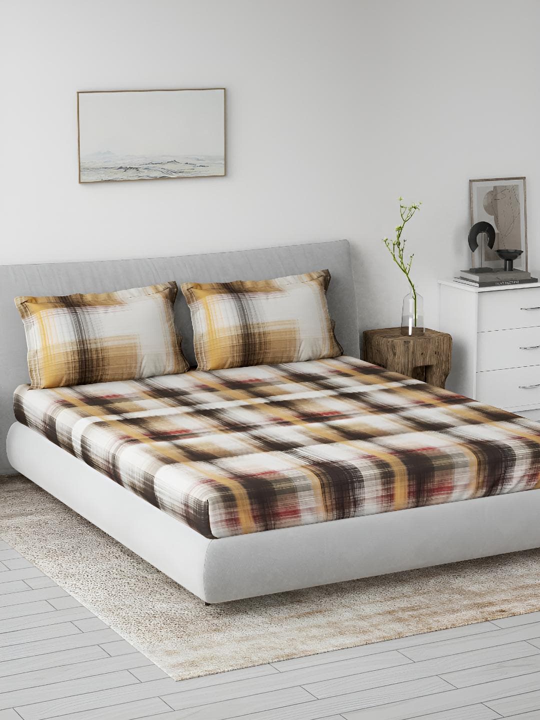 DDecor Brown Geometric Cotton 144 TC Queen Bedsheet with 2 Pillow Covers