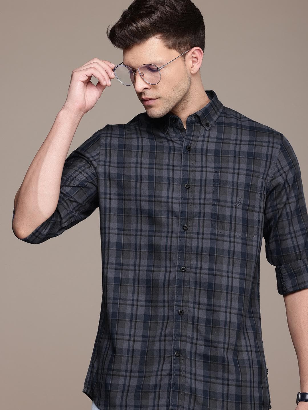 Nautica Slim Fit Checked Pure Cotton Casual Shirt
