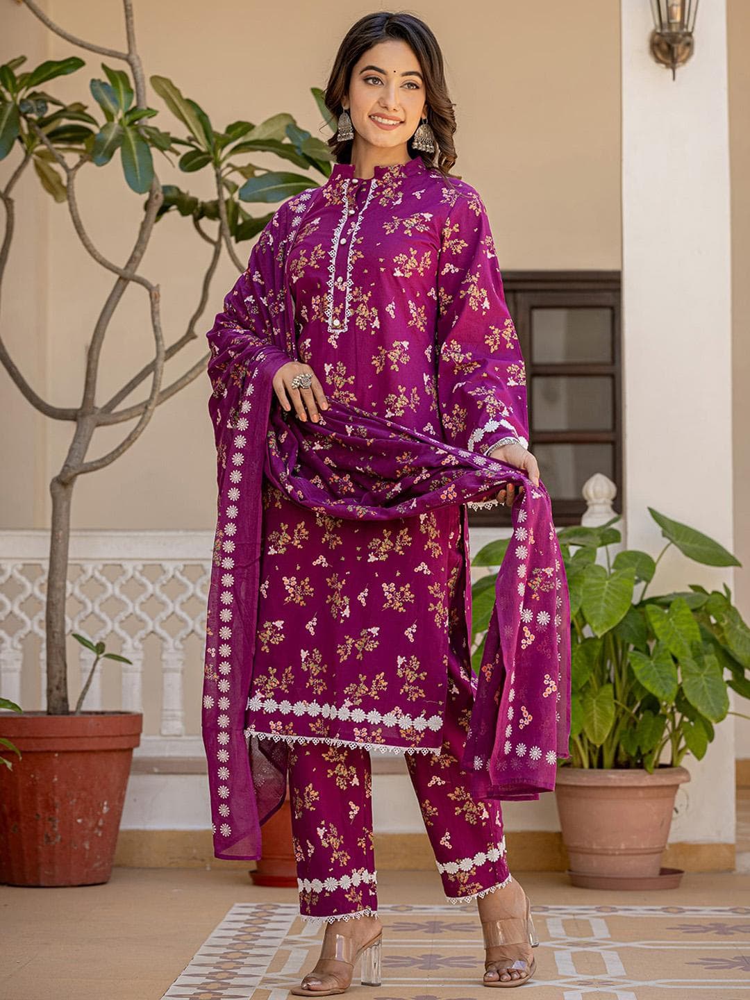 Yufta Floral Yoke Design Regular Pure Cotton Kurta with Trouser & Dupatta