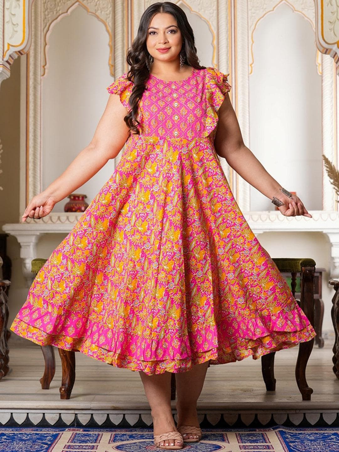 KALINI Plus Size Floral Printed Anarkali Kurta