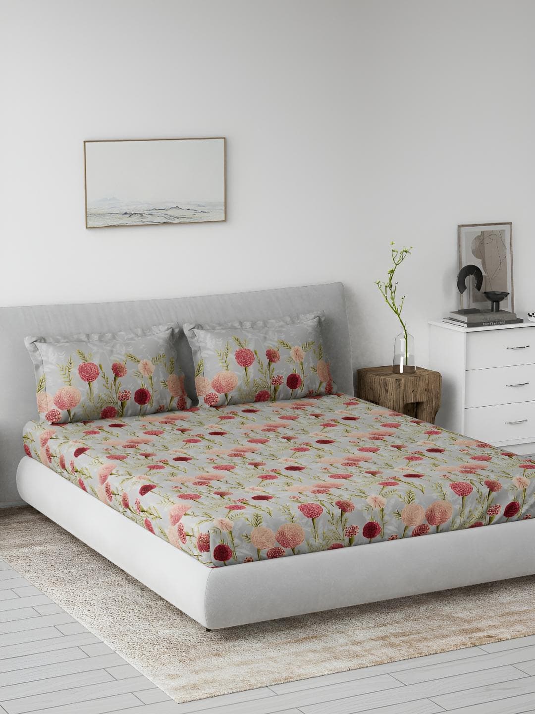 DDecor Pink Floral Cotton 144 TC Fitted King Bedsheet with 2 Pillow Covers-182 x 198 cm