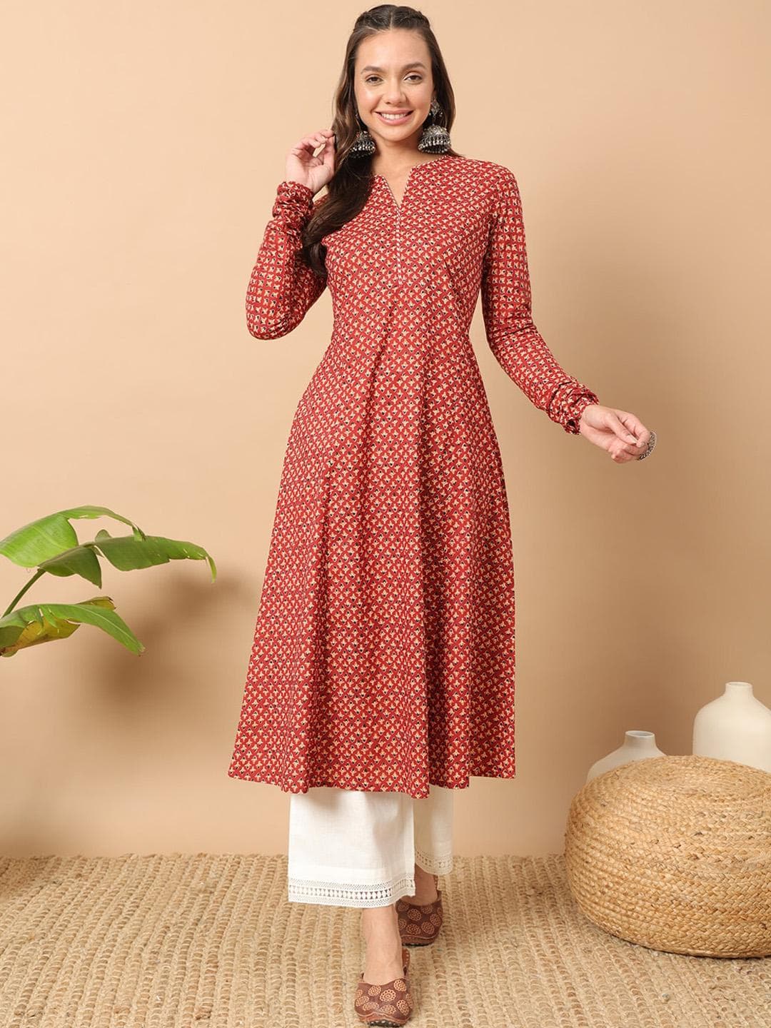 FIORRA Floral Printed Notch Collar Thread Work Cotton A-Line Kurta