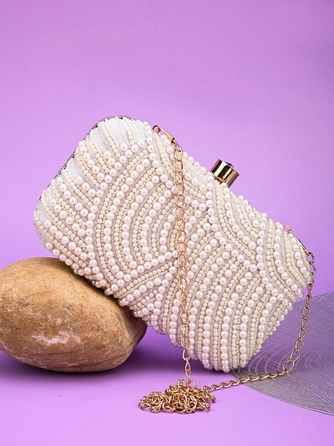 Sangria White Kadai Work & Embellished Party Box Clutches