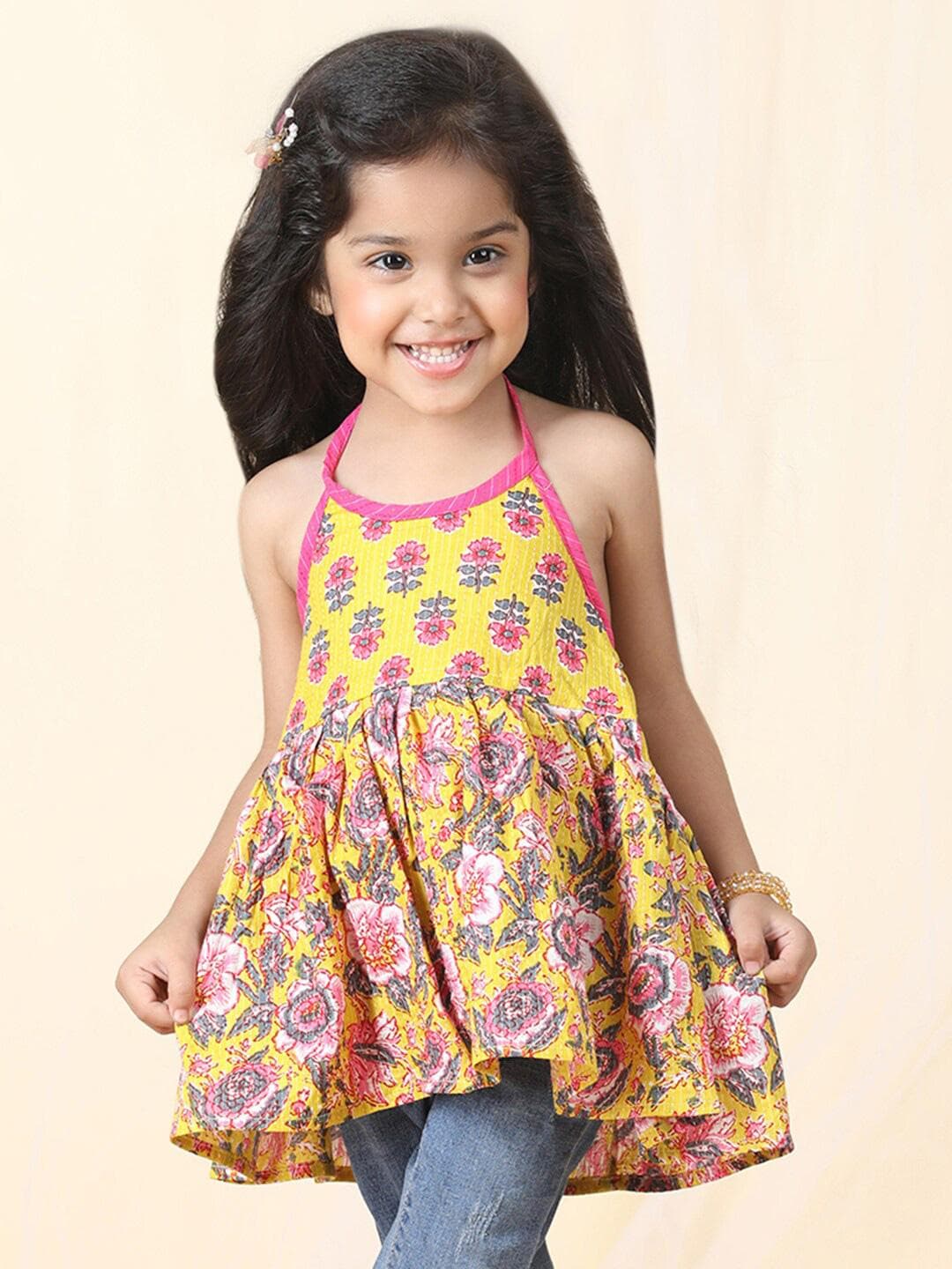 Sangria Girls Floral Printed Pure Cotton Halter Neck Empire Top