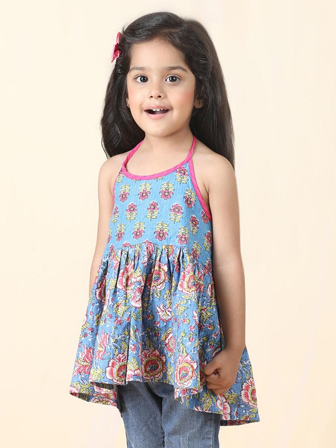 Sangria Girls Floral Printed Pure Cotton Halter Neck Empire Top