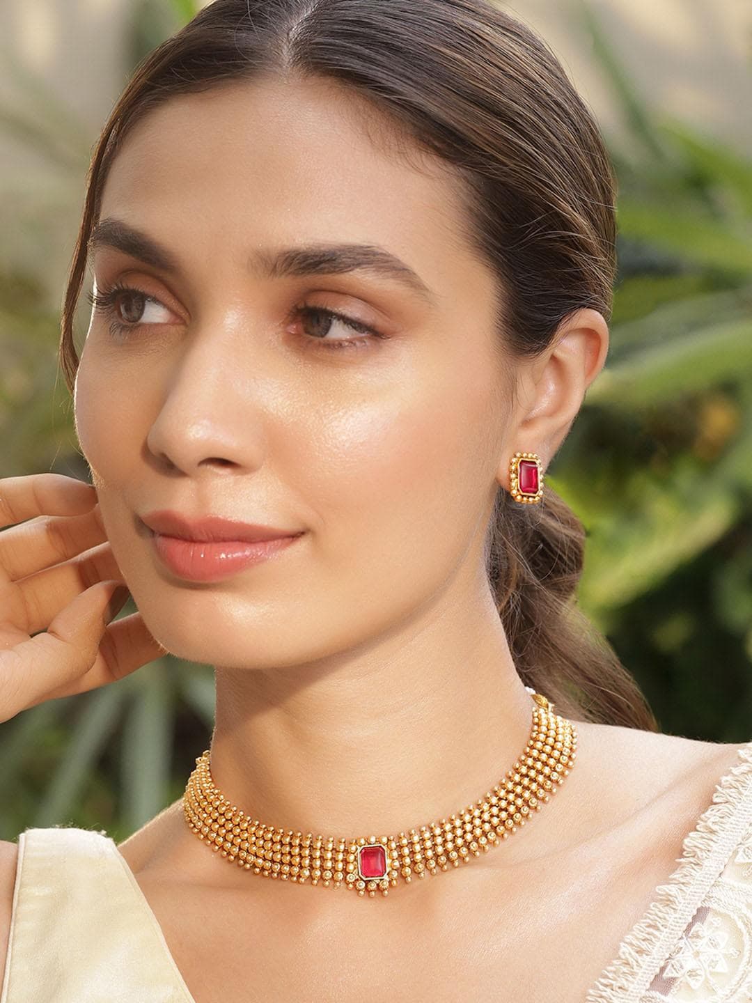 Buy Rubans 22K Gold Plated Ruby Stone Studded Choker Necklace Set With Gold Beads - - Accessories for Women
