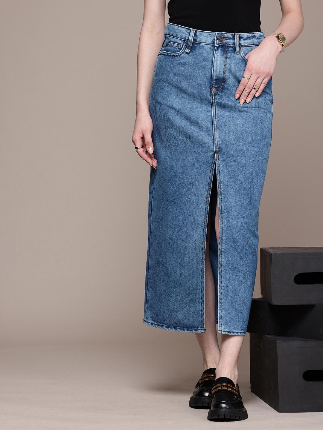 The Roadster Life Co. Women Denim High Slit Straight Maxi Skirt