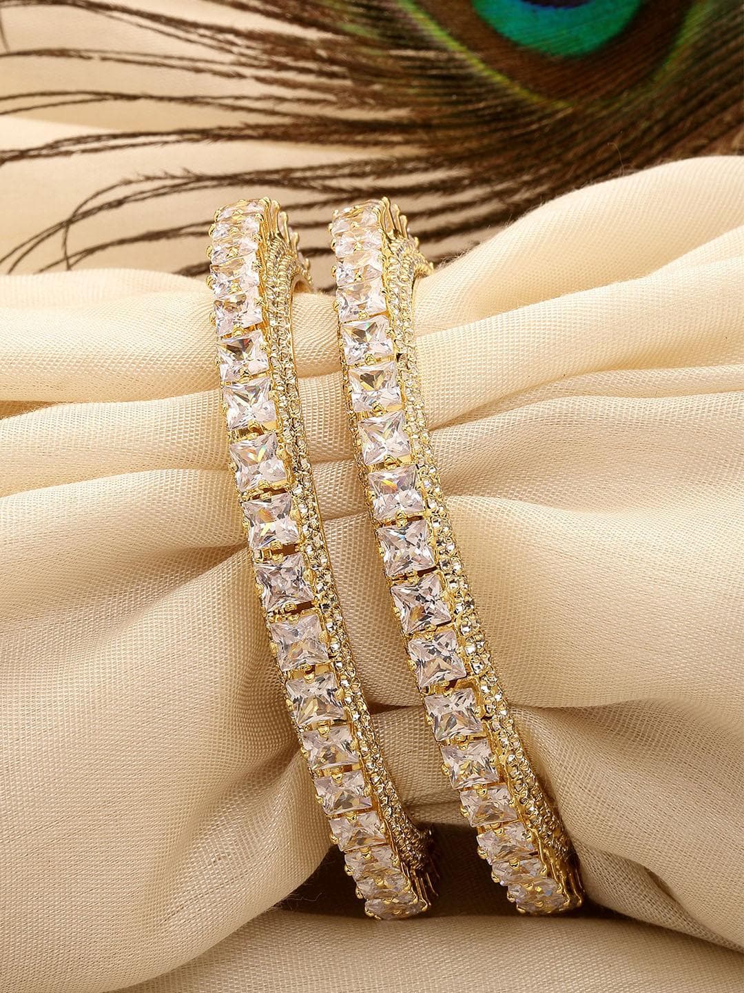 KARATCART Set Of 2 Gold Plated & AD Studded Diamond Bangles