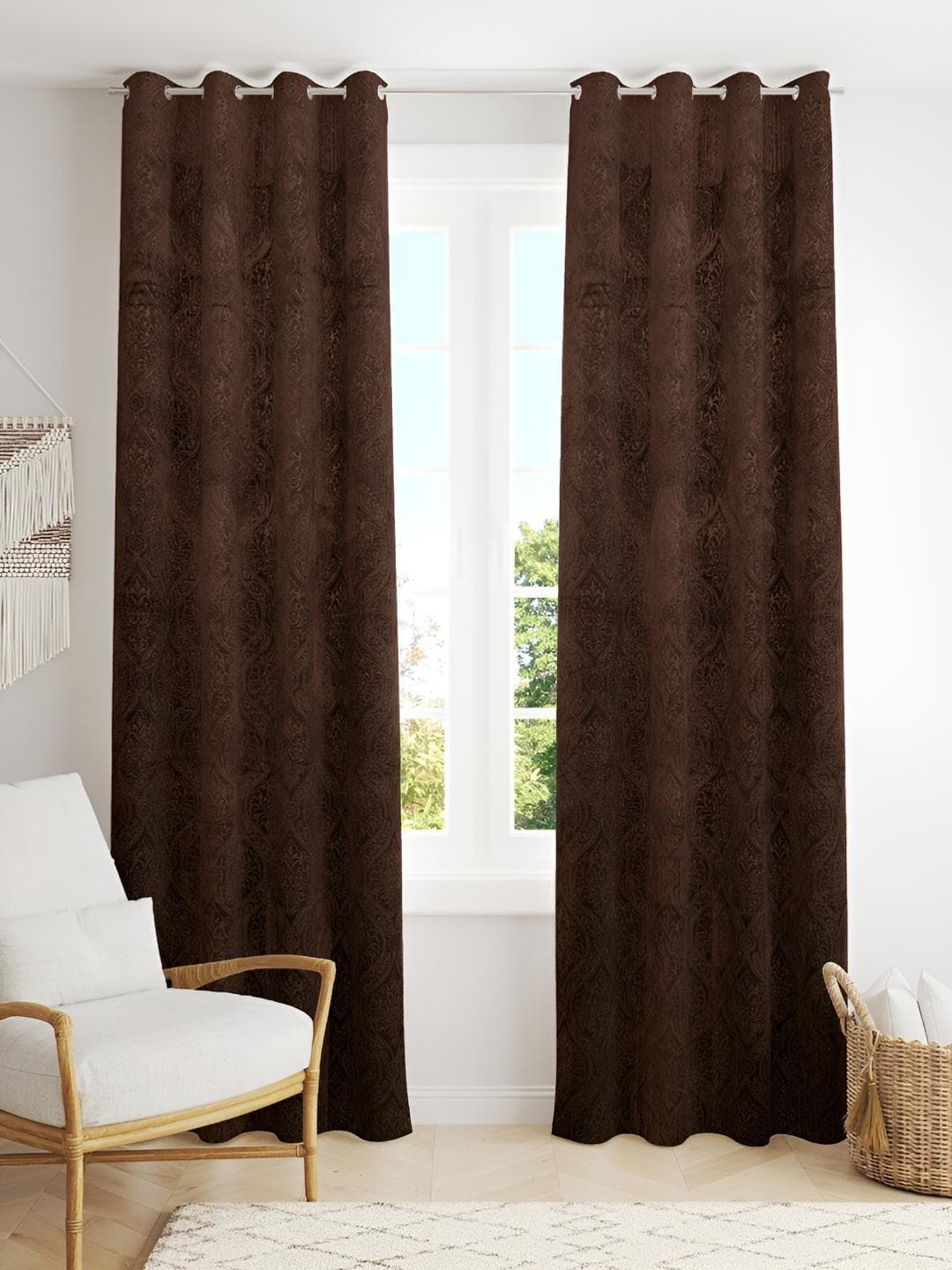 Buy Aura Coffee Brown Velvet Embossed 2 Pieces Self Design Room Darkening Long Door Curtains - - Home for Unisex
