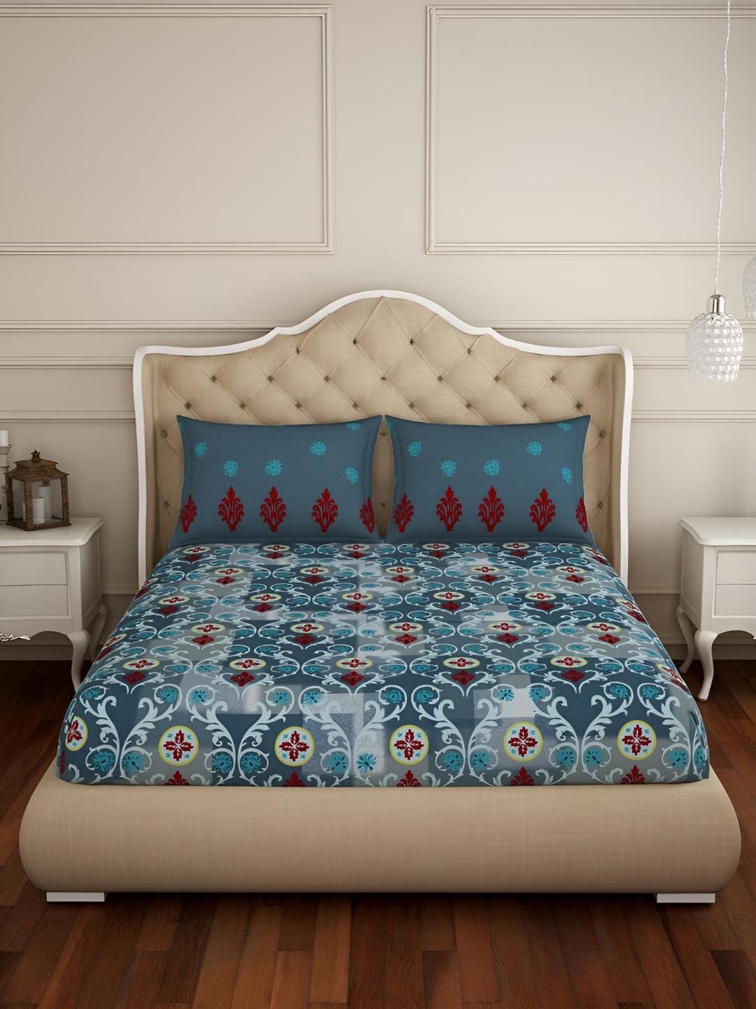SPACES Atrium Blue Ethnic Motifs Cotton 144TC Queen Bedsheet Set 88 x 100 Inches