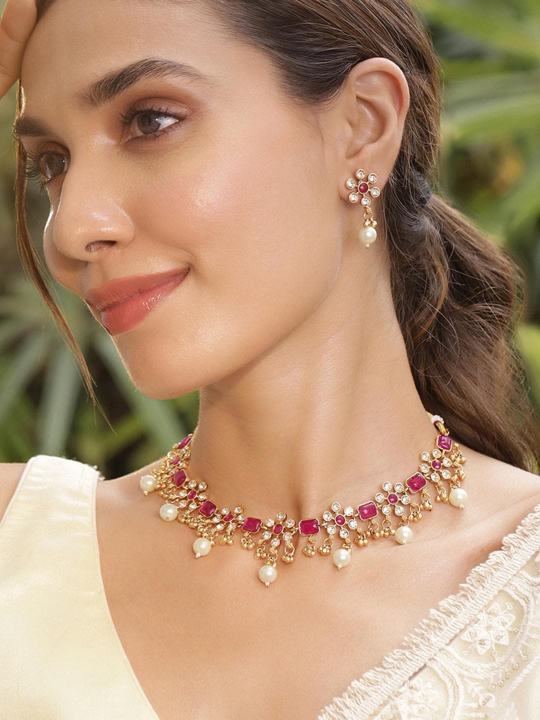 Buy Rubans Women 22KT Gold Plated Brass Metal Ruby Studded White Beaded Floral Necklace Set - - Accessories for Women