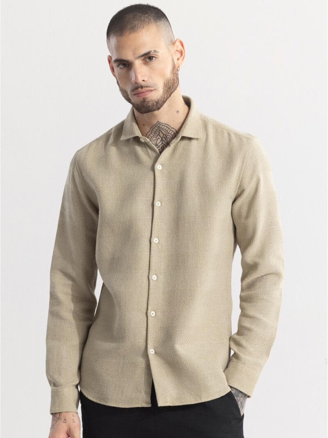 Snitch Straight Khaki Slim Fit Spread Collar Cotton Casual Shirt