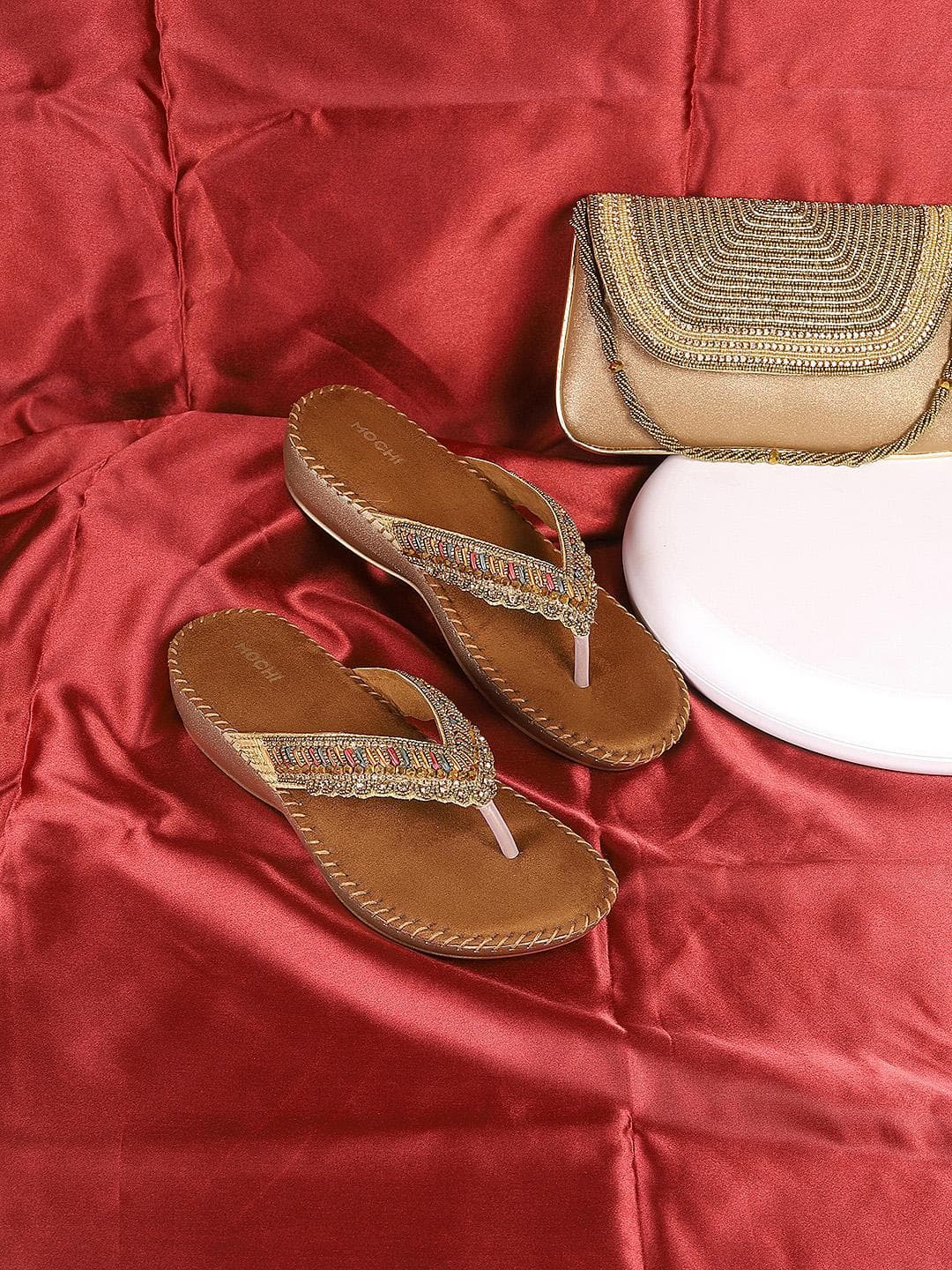 Mochi womens Brown Embellished Open Toe T-Strap Heels