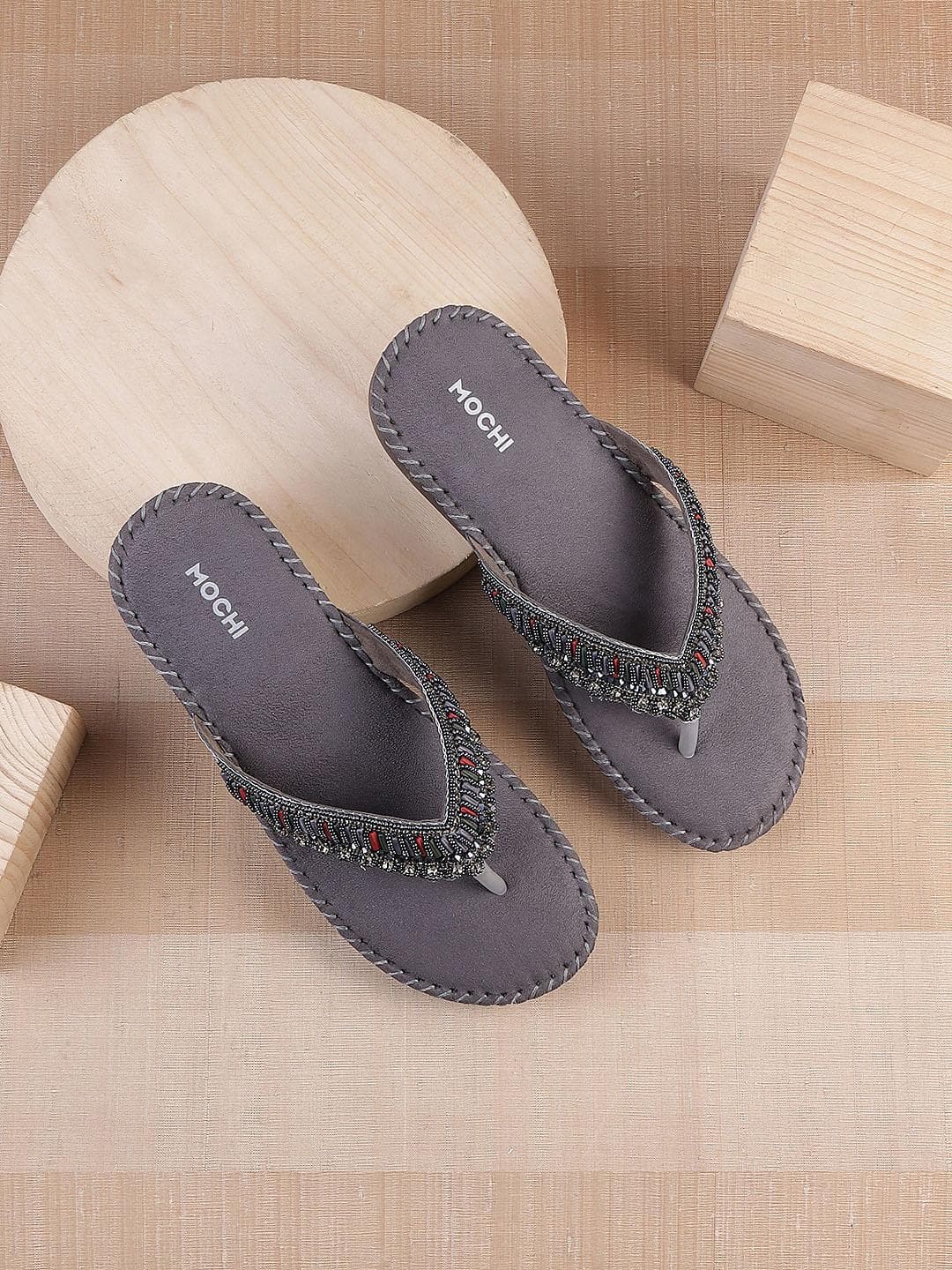 Mochi womens Grey Embellished Open Toe T-Strap Heels
