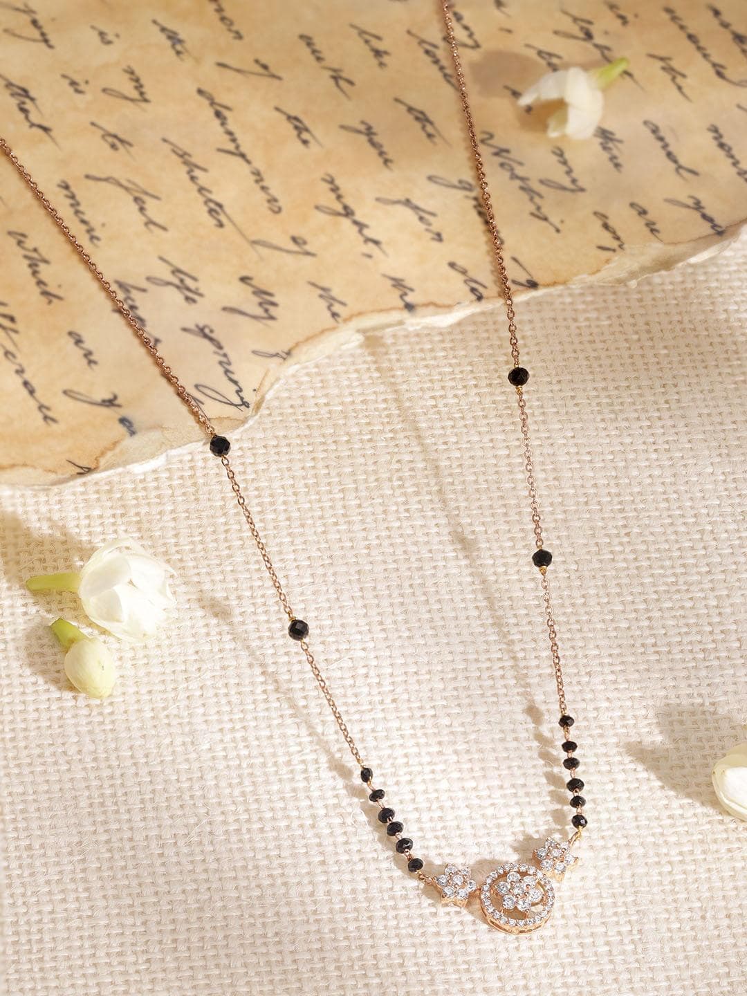 Rubans 18k Rose Gold Plated Cubic Zicronia Studded with Black Beads Mangalsutra