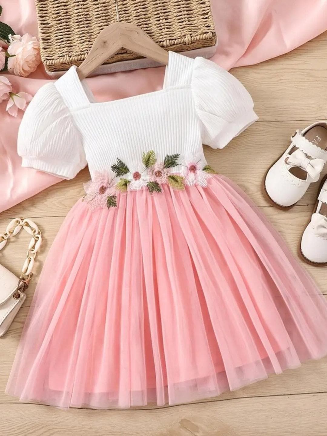 BAESD Flutter Sleeve Net Puff Sleeves Fit & Flare Dress
