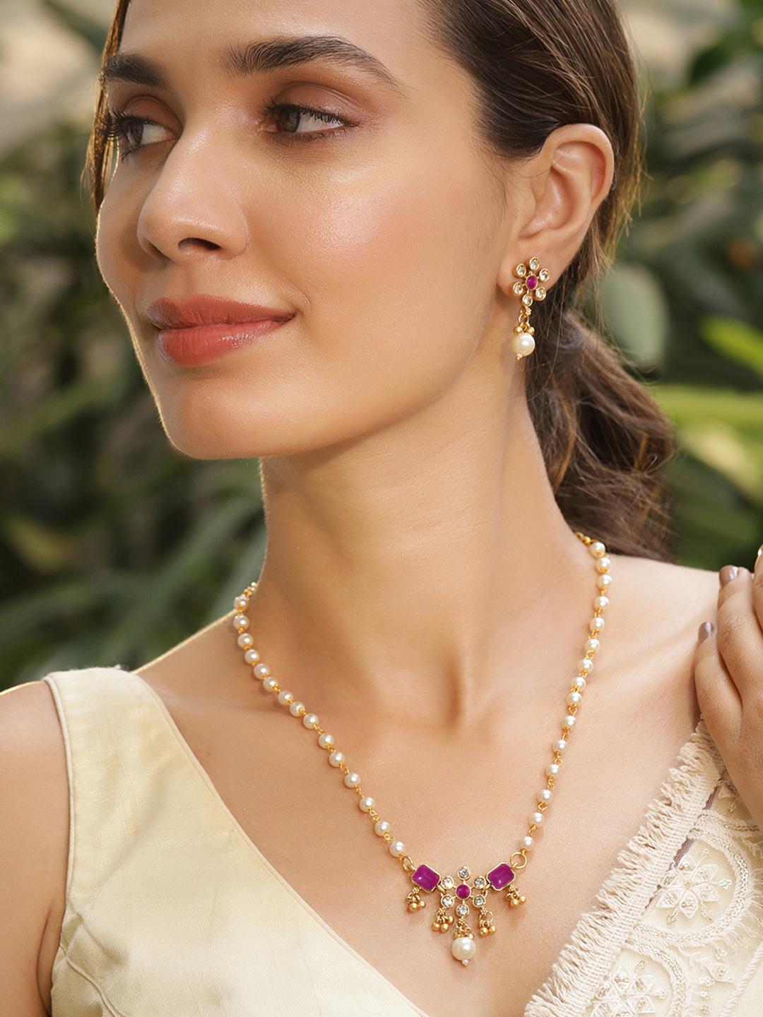 Buy Rubans 22K Gold Plated White Pearl Beaded Necklace Set With Ruby Pink & CZ Studded Pendant - - Accessories for Women