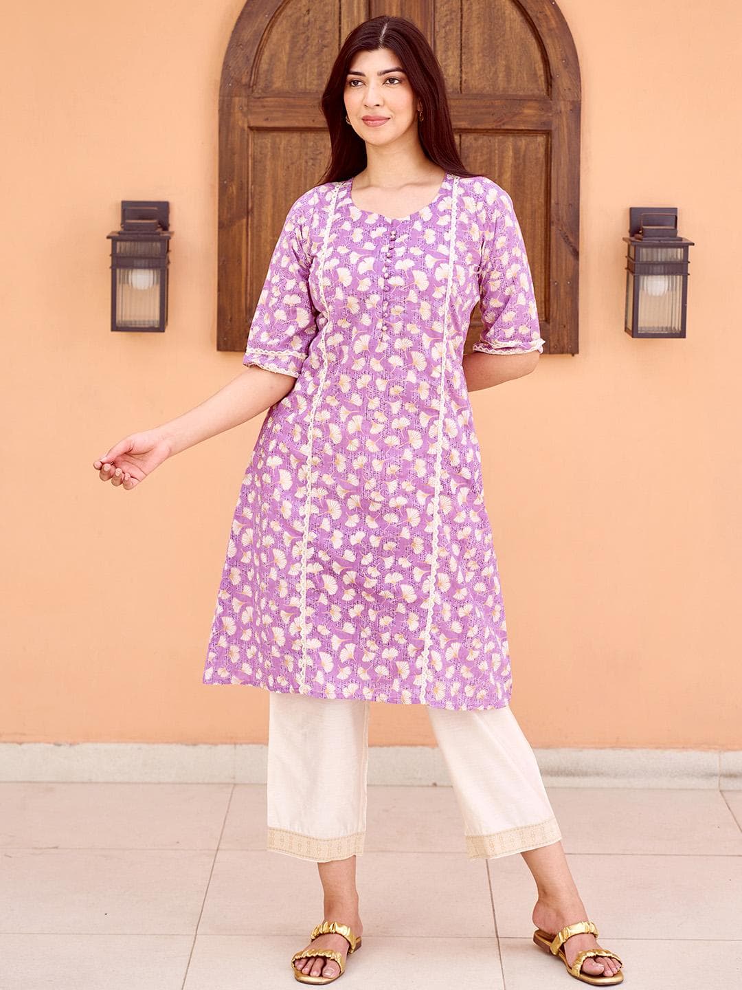 Libas Round Neck Gotta Patti Floral Printed A Line Kurta