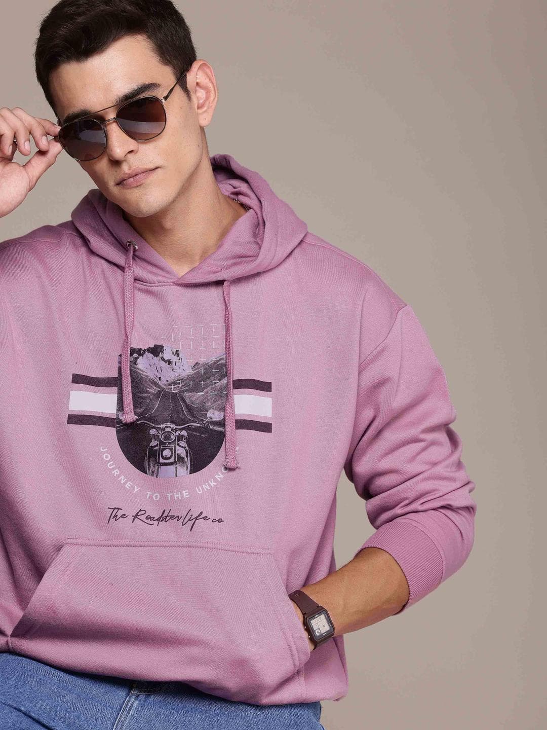 The Roadster Life Co. Printed Hooded Oversized Sweatshirt
