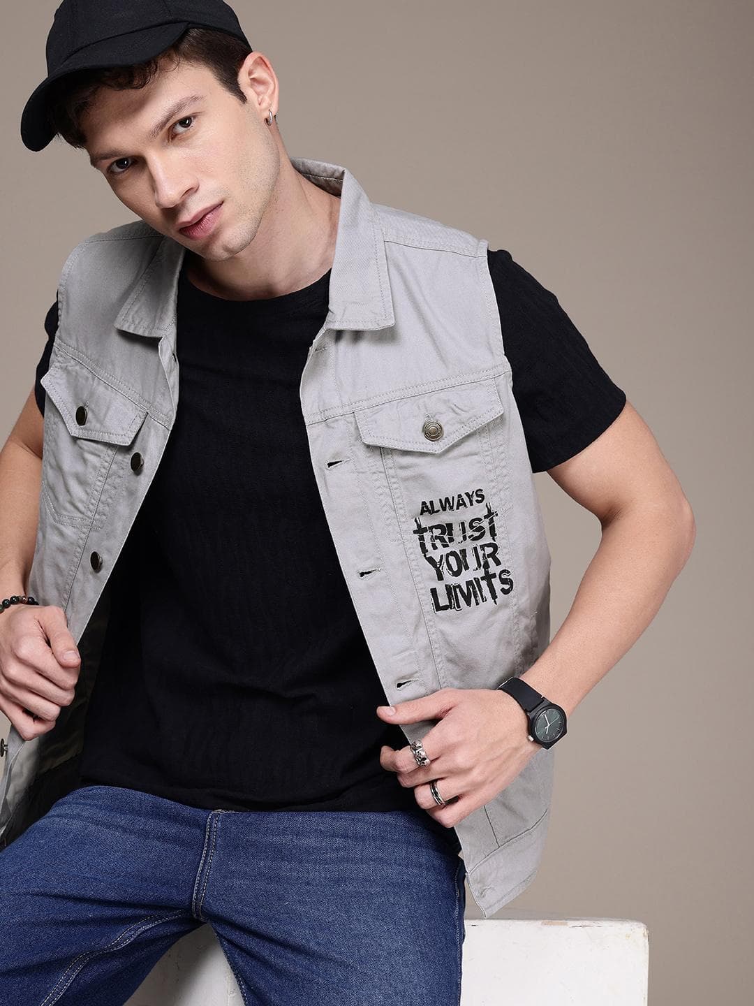 The Roadster Life Co. Pure Cotton Typography Printed Sleeveless Denim Jacket
