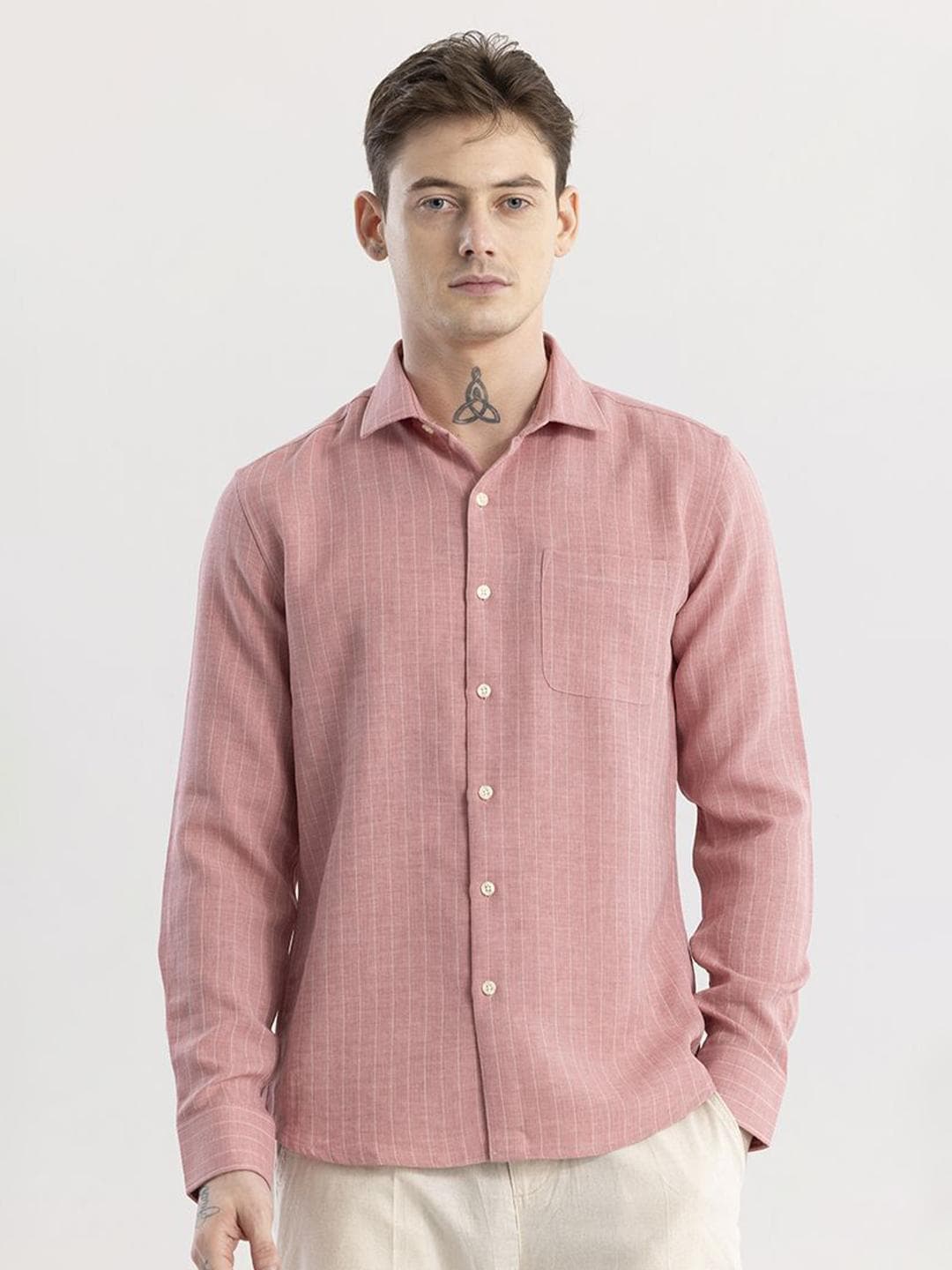 Snitch Peach Coloured & White Striped Classic Slim Fit Cotton Casual Shirt