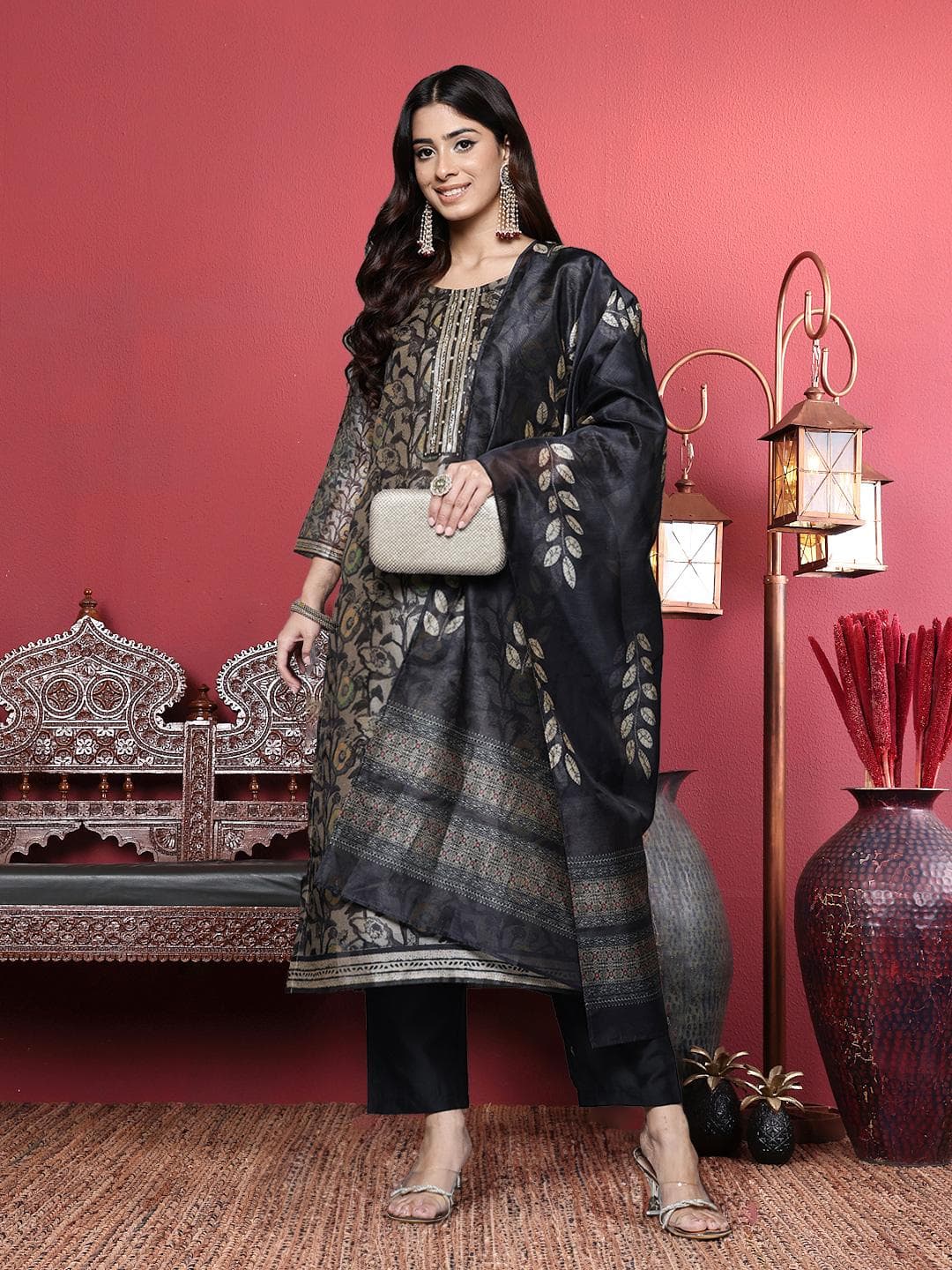 Varanga Grey Floral Printed Beads and Stones Straight Kurta with Trousers & Dupatta