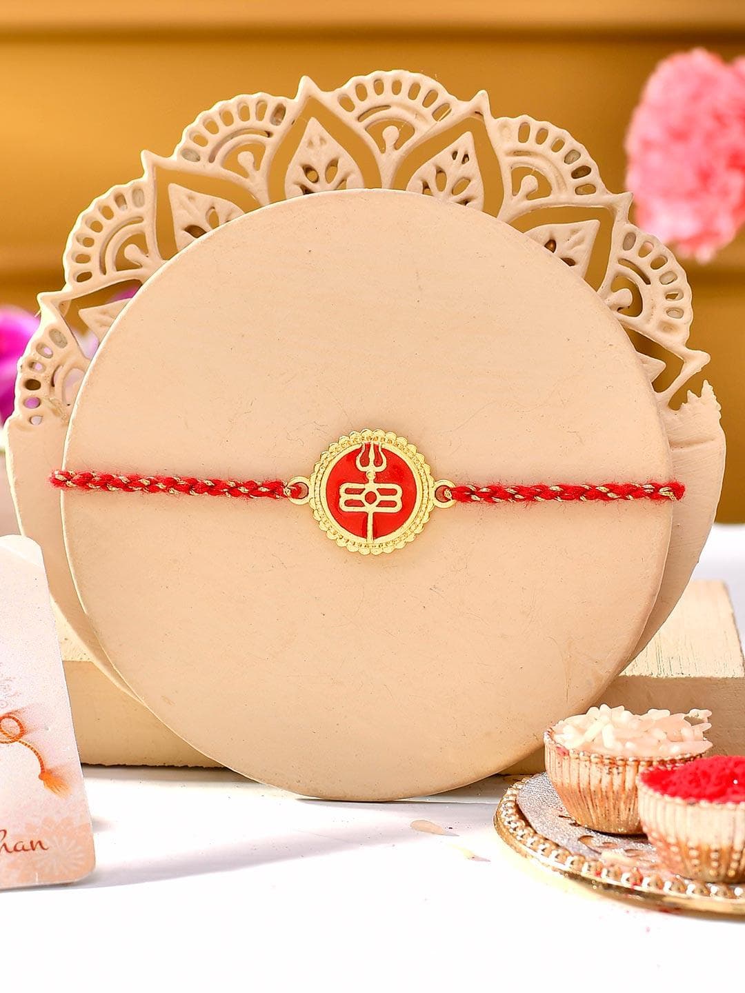 Red Enamel And Gold Rudra-Tilaka Rakhi For Brother